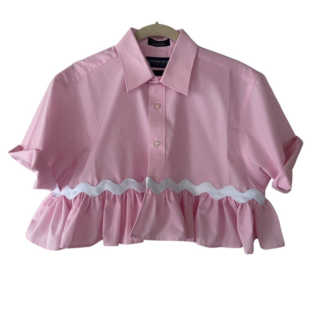 Custom Ruffle Cropped Button Up Shirt Rick Rack Trim Short Sleeve Upcycled Pink